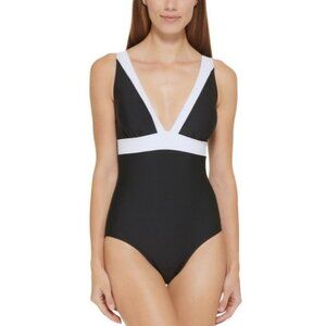 DKNY Womens Size 8 Black White Trim‎ Plunge Colorblock One-Piece Swimsuit NWT